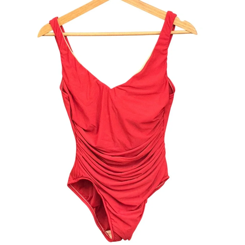 Vintage Miraclesuit One Piece Swimsuit Red Tummy Control Ruched Retro Pinup 90s